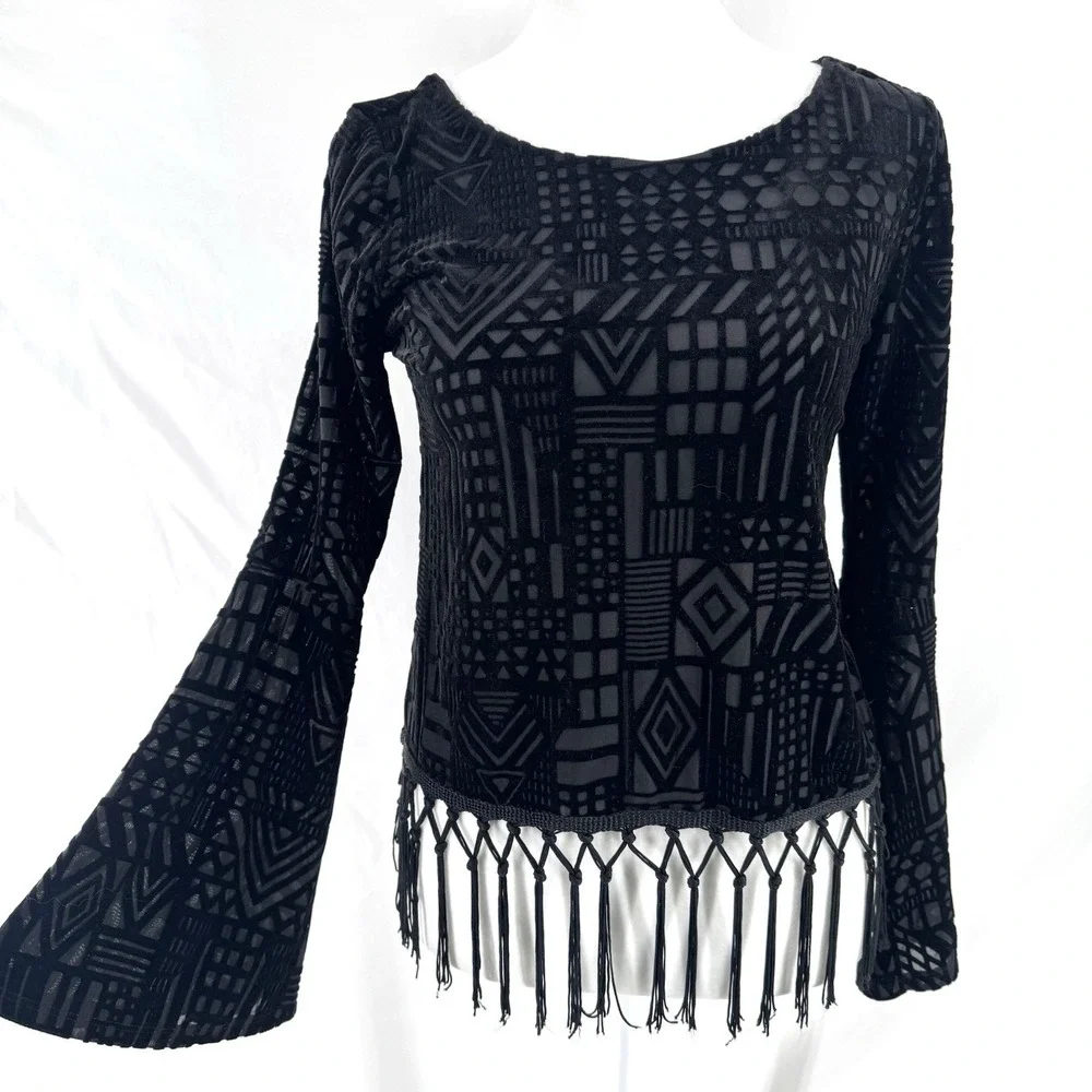 Velvet Burnout Fringe Mesh Top S Whimsigoth Indie Festival Bell Sleeve Witchy - Picture 2 of 4